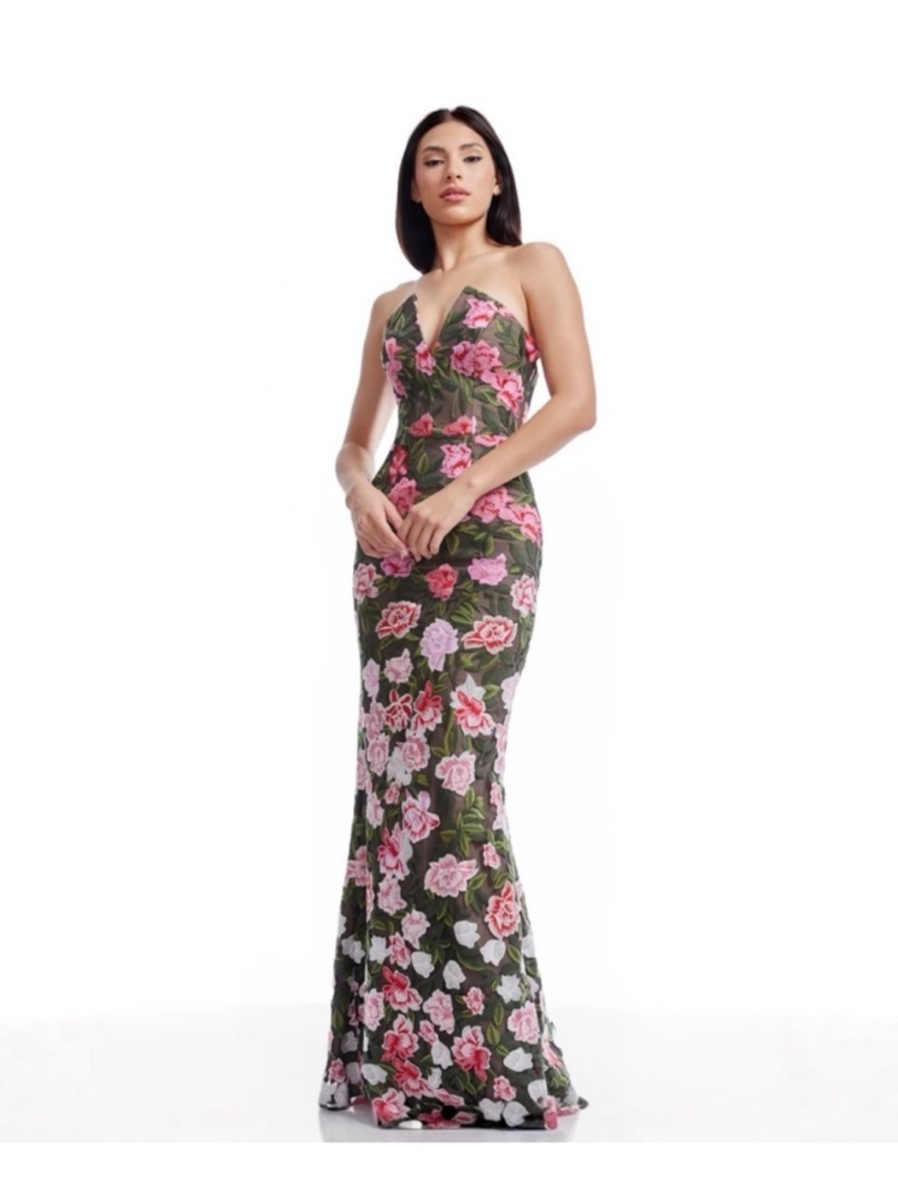 Dress the Population Floral Strapless Evening Gown in Pink and Green